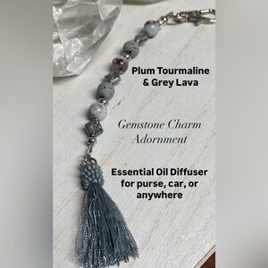 Gemstone Bag Charm or Accessory- Plum Tourmaline and Grey Lava